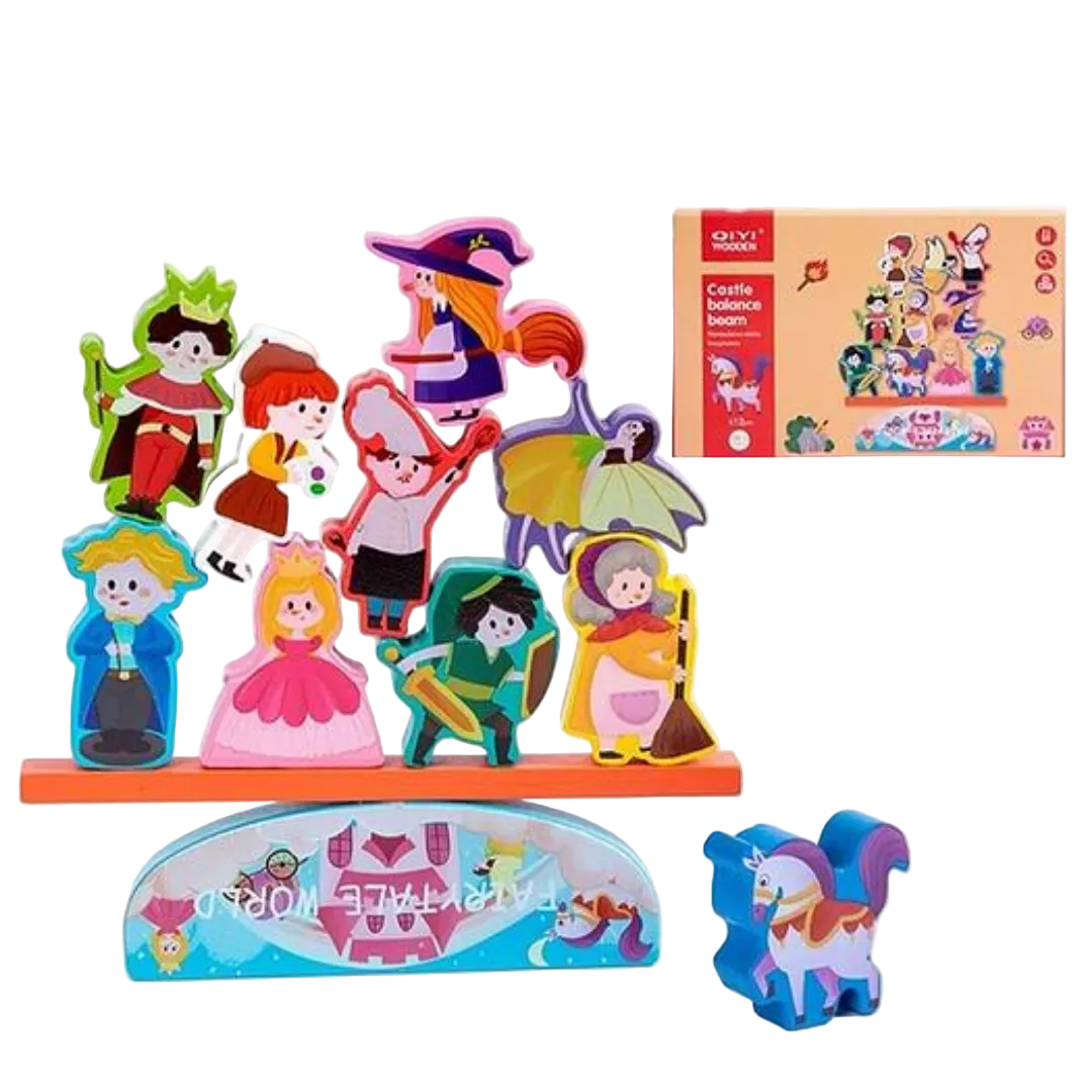 QIYI Wooden Balance Beam sets in Castle, Dinosaur, and Insect themes showing colorful stacking pieces