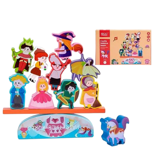 QIYI Wooden Balance Beam sets in Castle, Dinosaur, and Insect themes showing colorful stacking pieces