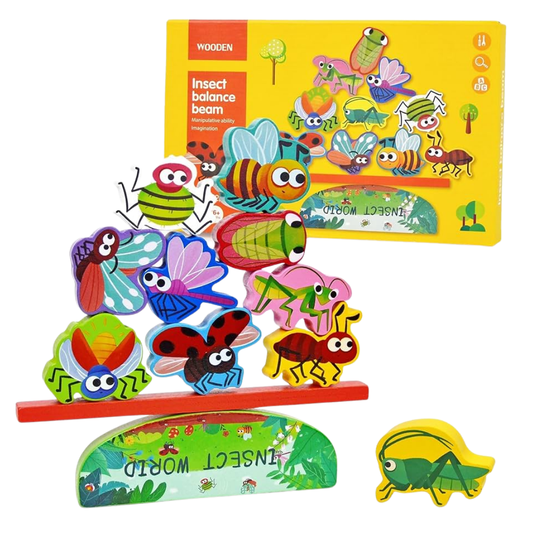 QIYI Wooden Balance Beam sets in Castle, Dinosaur, and Insect themes showing colorful stacking pieces