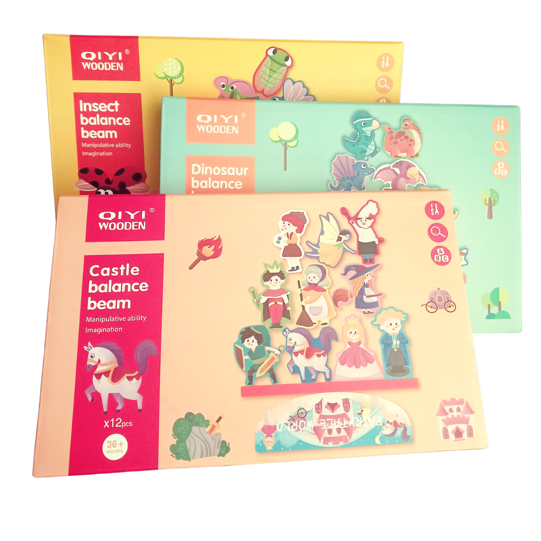 QIYI Wooden Balance Beam sets in Castle, Dinosaur, and Insect themes showing colorful stacking pieces