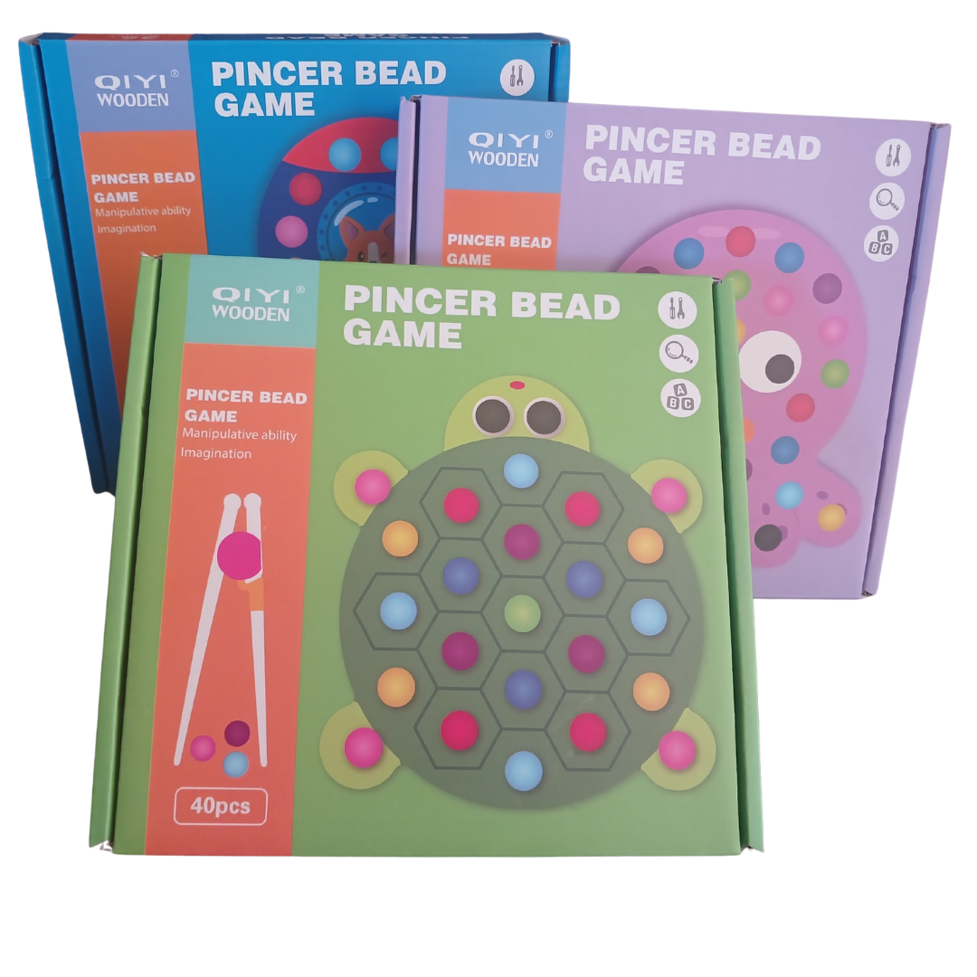 QIYI Wooden Pincer Bead Game showing wooden tweezers and colorful beads with turtle and octopus themed boards