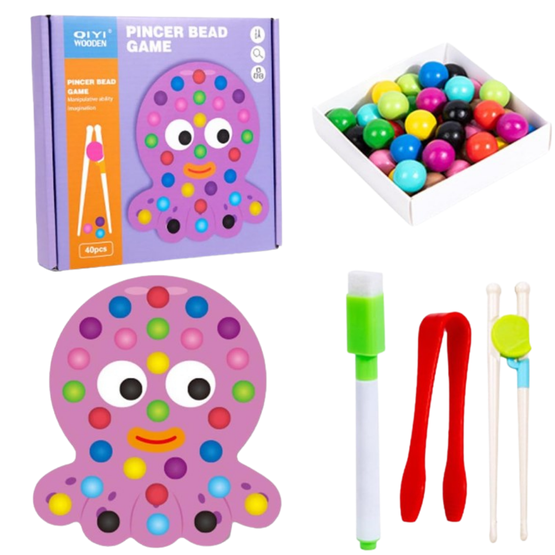 QIYI Wooden Pincer Bead Game showing wooden tweezers and colorful beads with turtle and octopus themed boards