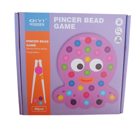 QIYI Wooden Pincer Bead Game showing wooden tweezers and colorful beads with turtle and octopus themed boards