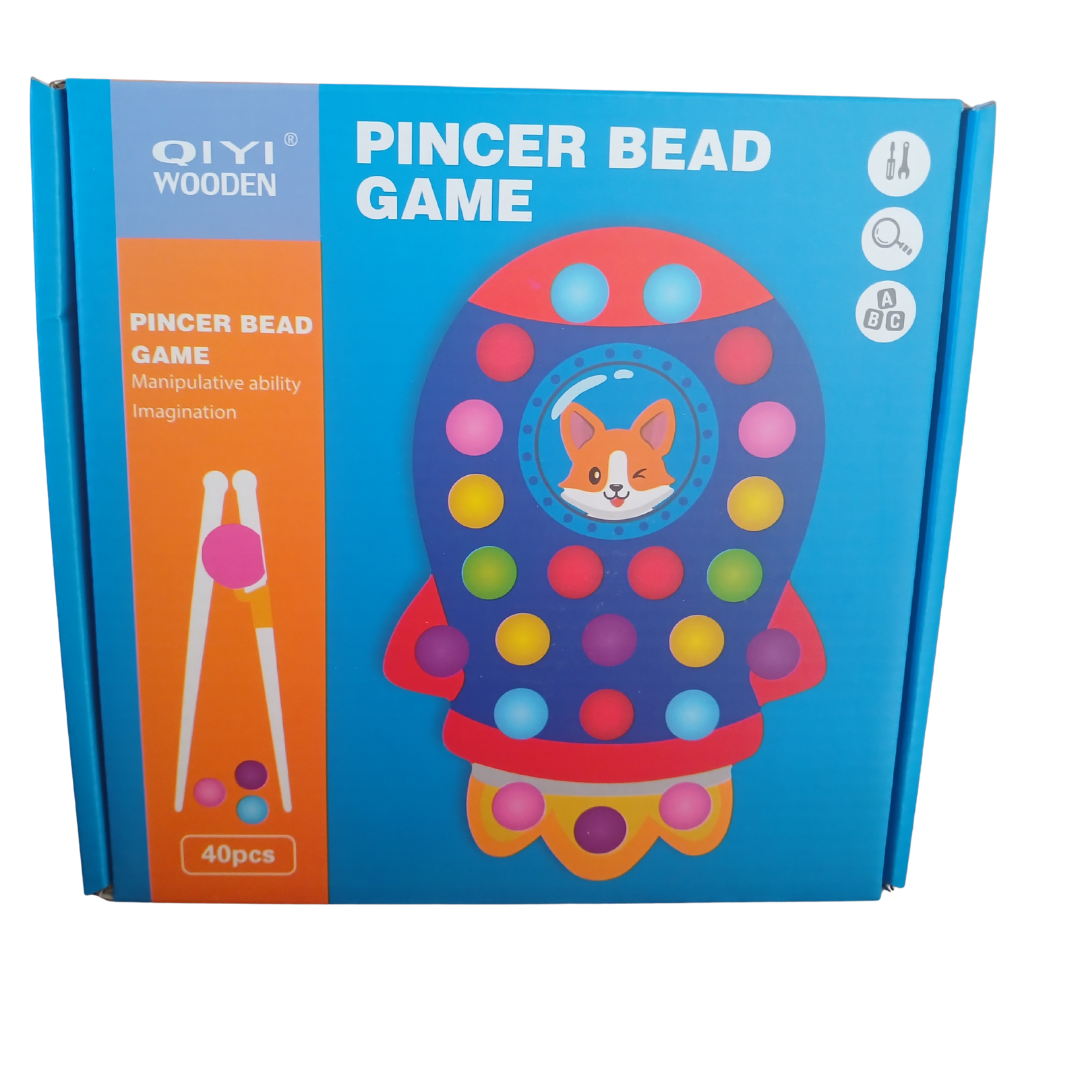 QIYI Wooden Pincer Bead Game showing wooden tweezers and colorful beads with turtle and octopus themed boards