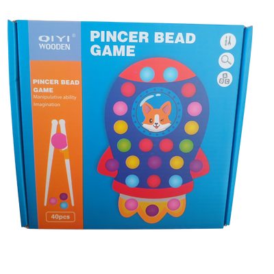 QIYI Wooden Pincer Bead Game showing wooden tweezers and colorful beads with turtle and octopus themed boards