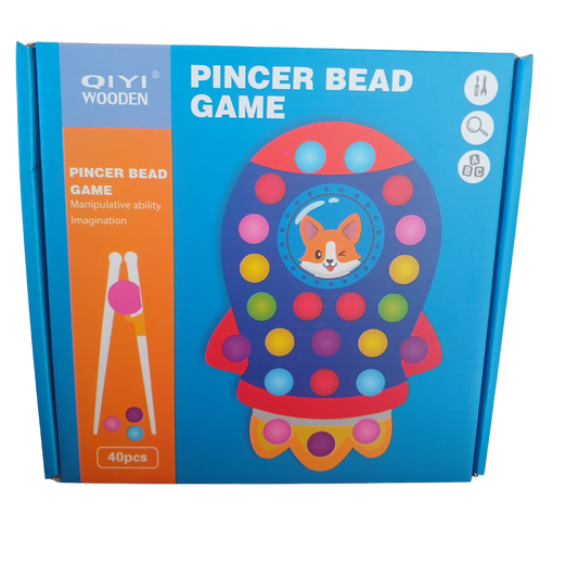 QIYI Wooden Pincer Bead Game showing wooden tweezers and colorful beads with turtle and octopus themed boards