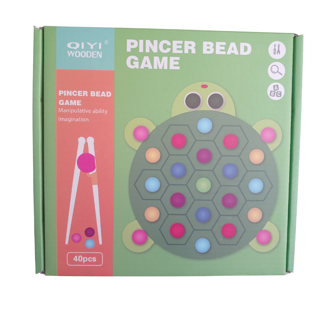 QIYI Wooden Pincer Bead Game showing wooden tweezers and colorful beads with turtle and octopus themed boards