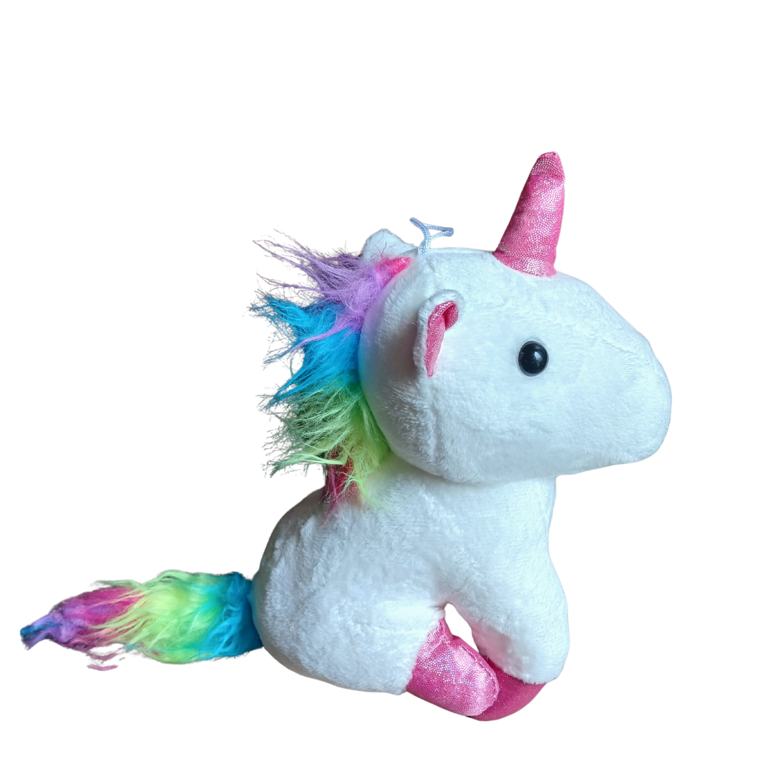 White rainbow unicorn plush toy with a pink glitter horn and vibrant rainbow mane.