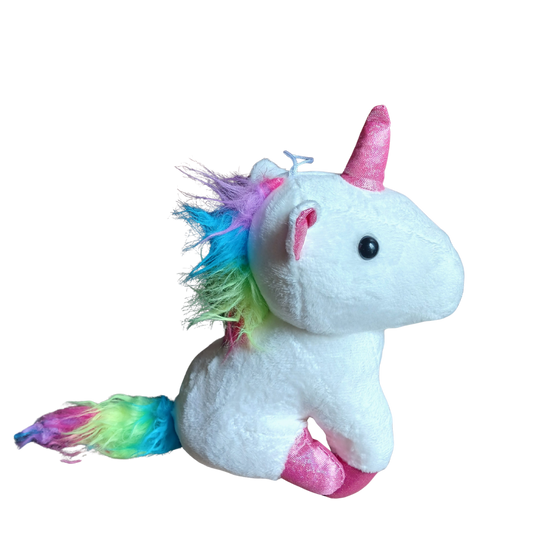 White rainbow unicorn plush toy with a pink glitter horn and vibrant rainbow mane.