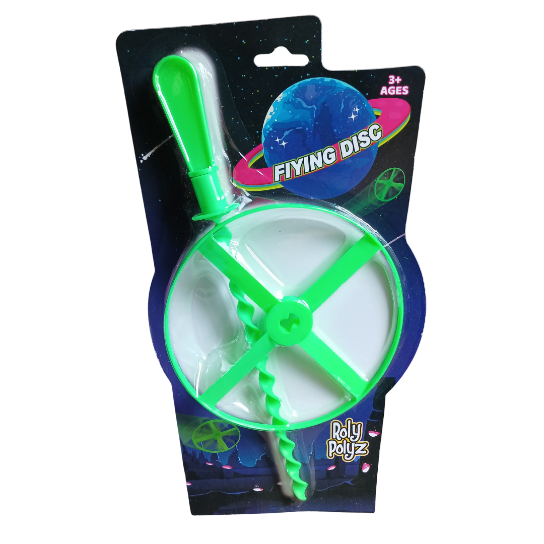 Green and white flying disc toy in packaging with 'Poly Poly' branding 