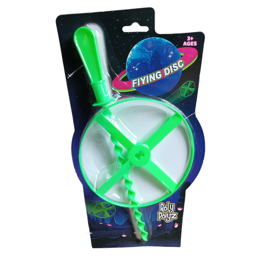 Green and white flying disc toy in packaging with 'Poly Poly' branding 