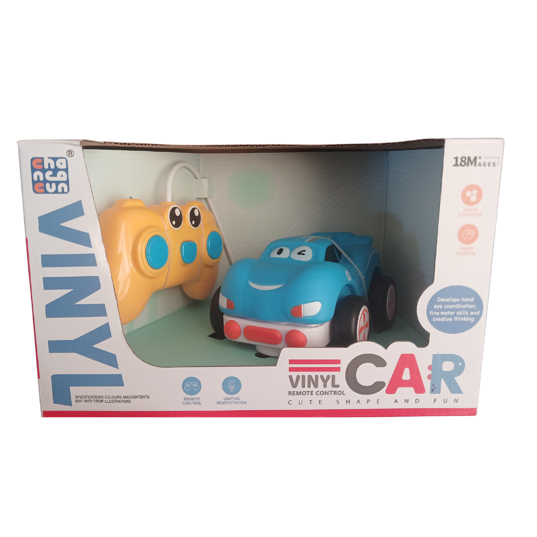 A soft blue vinyl remote control car with a yellow controller for toddlers