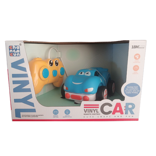 A soft blue vinyl remote control car with a yellow controller for toddlers