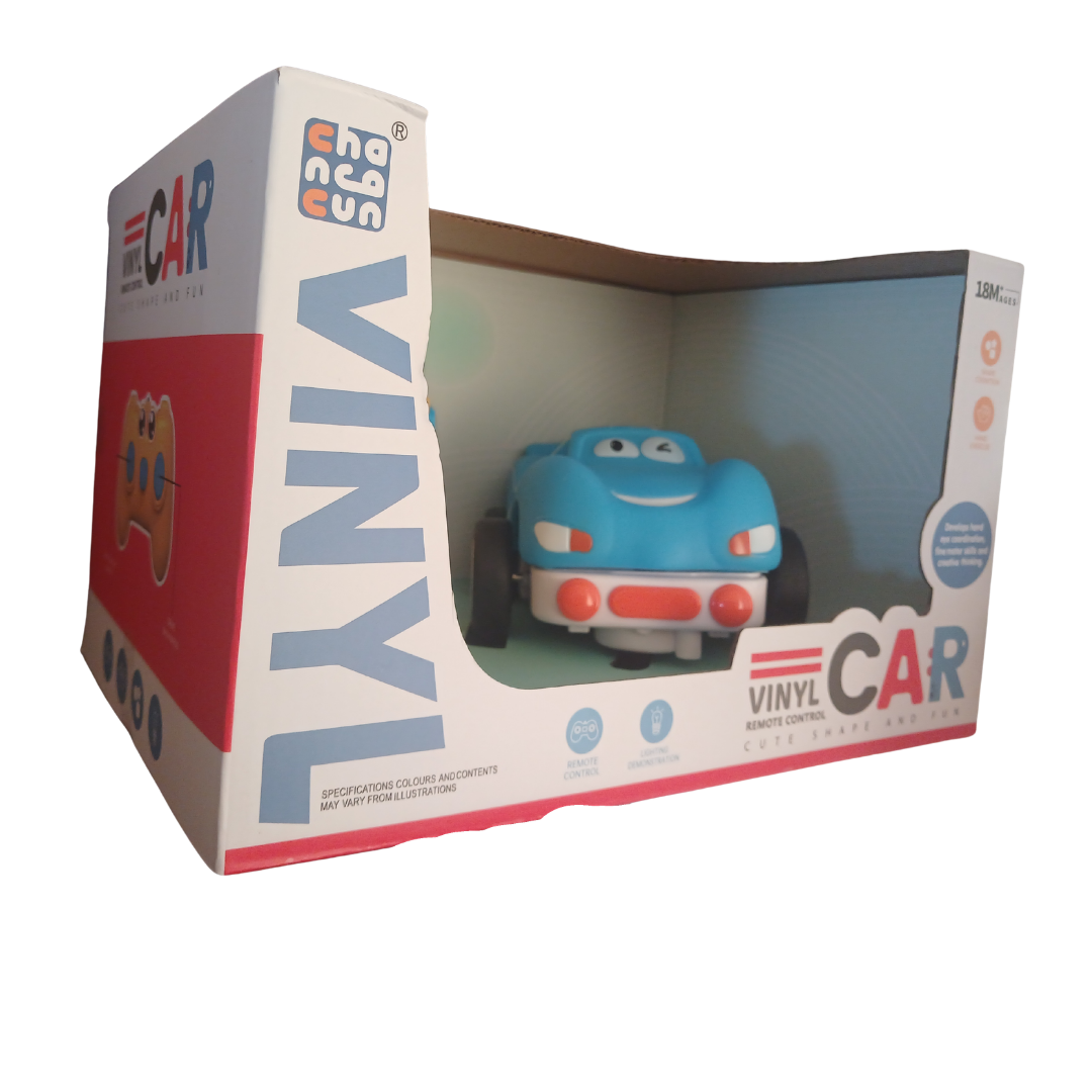 A soft blue vinyl remote control car with a yellow controller for toddlers