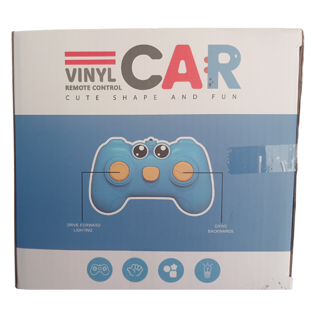A soft blue vinyl remote control car with a yellow controller for toddlers