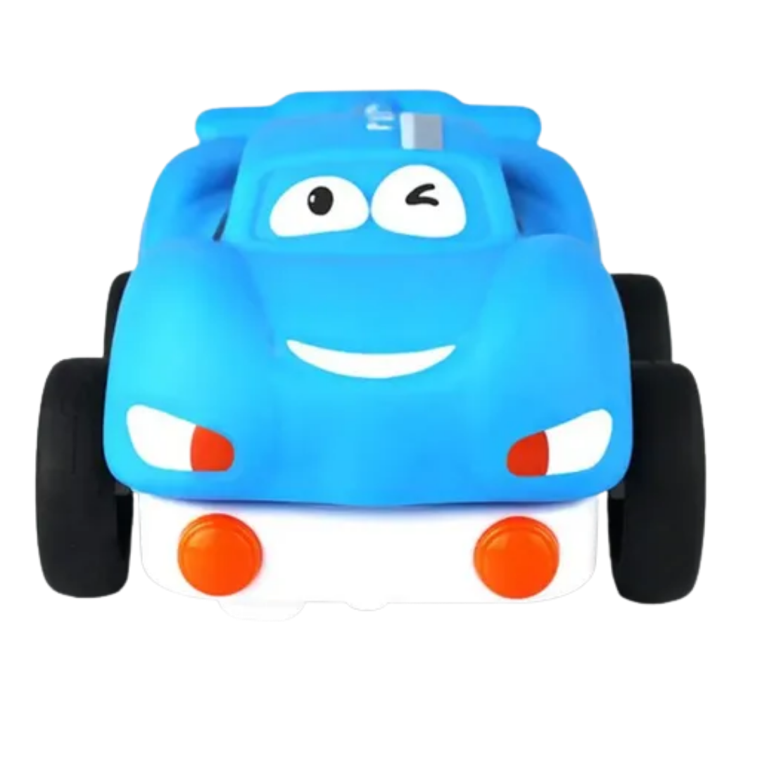 A soft blue vinyl remote control car with a yellow controller for toddlers