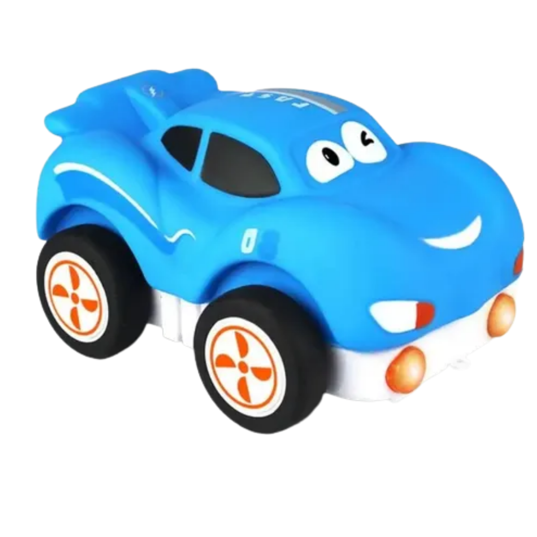 A soft blue vinyl remote control car with a yellow controller for toddlers