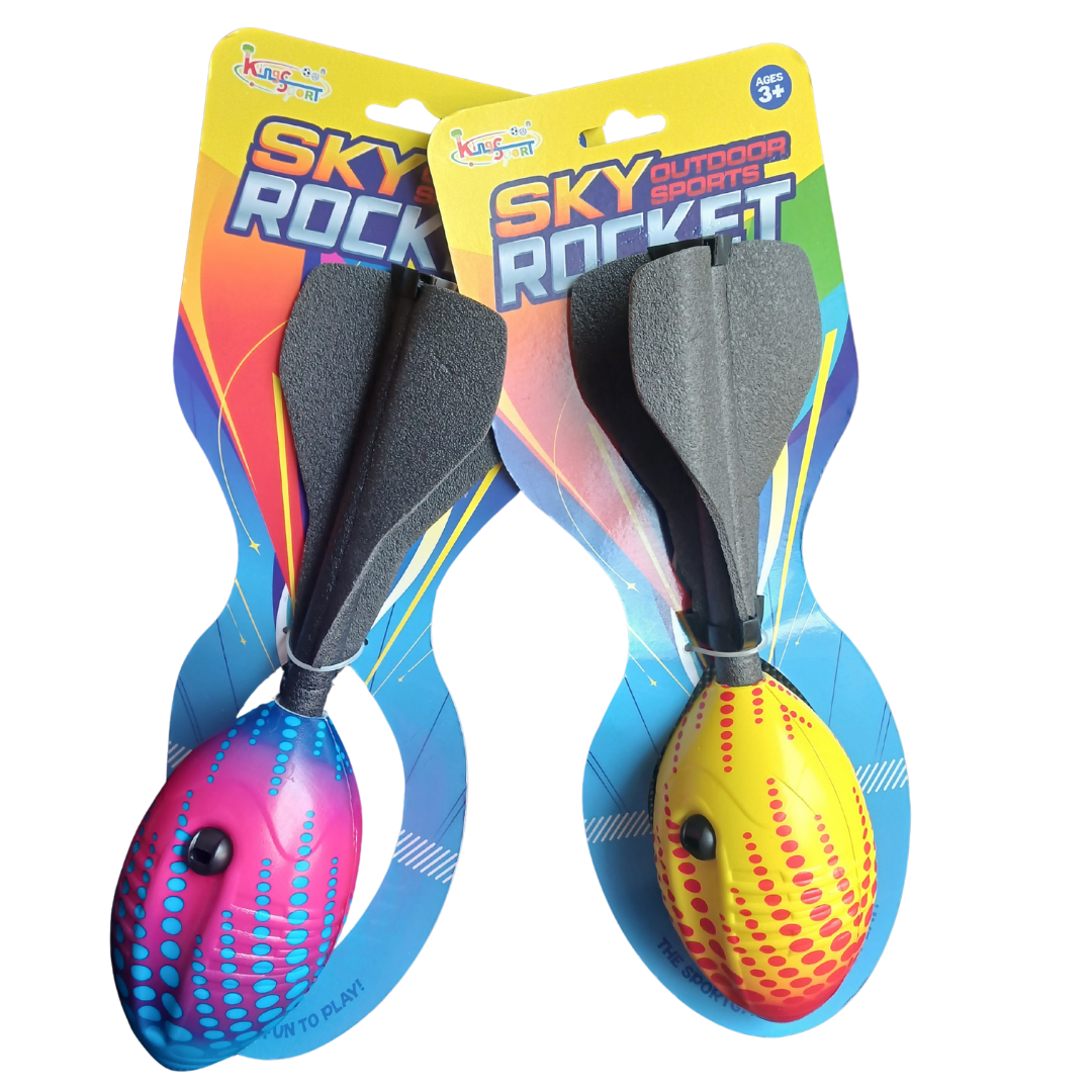 Two K's Kids Sky Rockets on their packaging: one pink/blue and one yellow/red, showing the black fins and football shape. 