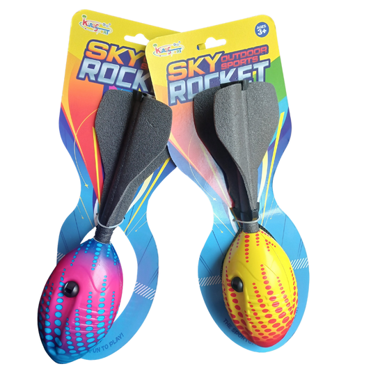 Two K's Kids Sky Rockets on their packaging: one pink/blue and one yellow/red, showing the black fins and football shape. 