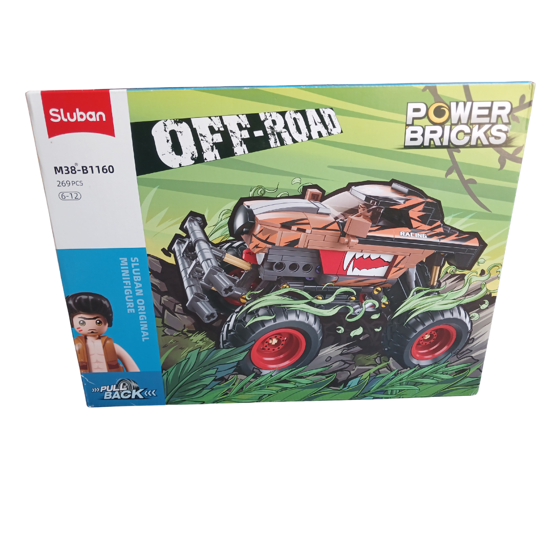 Box art for the Sluban Power Bricks Off-Road Truck M38-B1160, showing a completed brown and orange monster truck with a tiger design, a minifigure, and the "PULL BACK" feature logo.