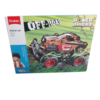 Box art for the Sluban Power Bricks Off-Road Truck M38-B1160, showing a completed brown and orange monster truck with a tiger design, a minifigure, and the "PULL BACK" feature logo.