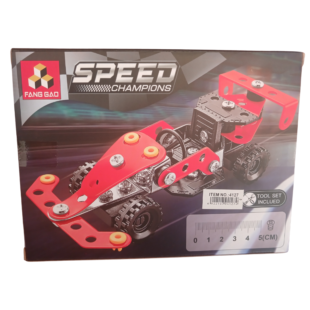 Speed Champions metal construction DIY building kits featuring a motorcycle and a red racing car with included tool sets