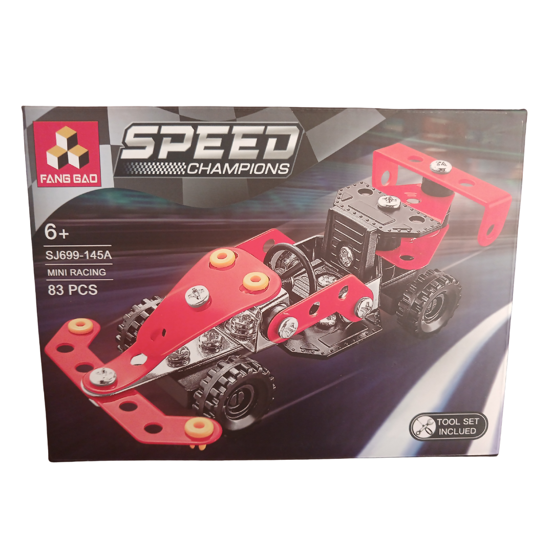 Speed Champions metal construction DIY building kits featuring a motorcycle and a red racing car with included tool sets