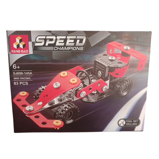 Speed Champions metal construction DIY building kits featuring a motorcycle and a red racing car with included tool sets