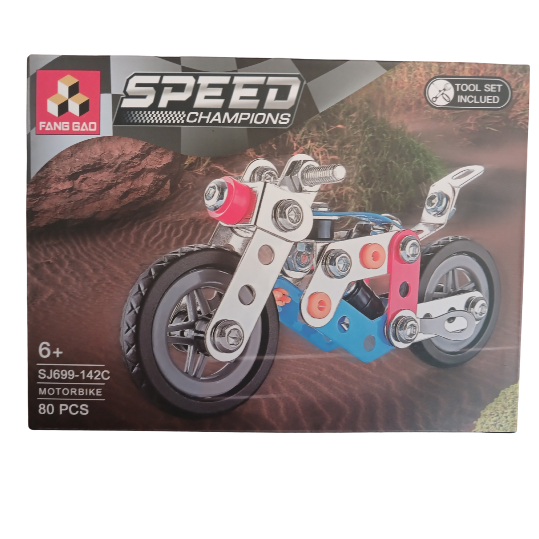 Speed Champions metal construction DIY building kits featuring a motorcycle and a red racing car with included tool sets