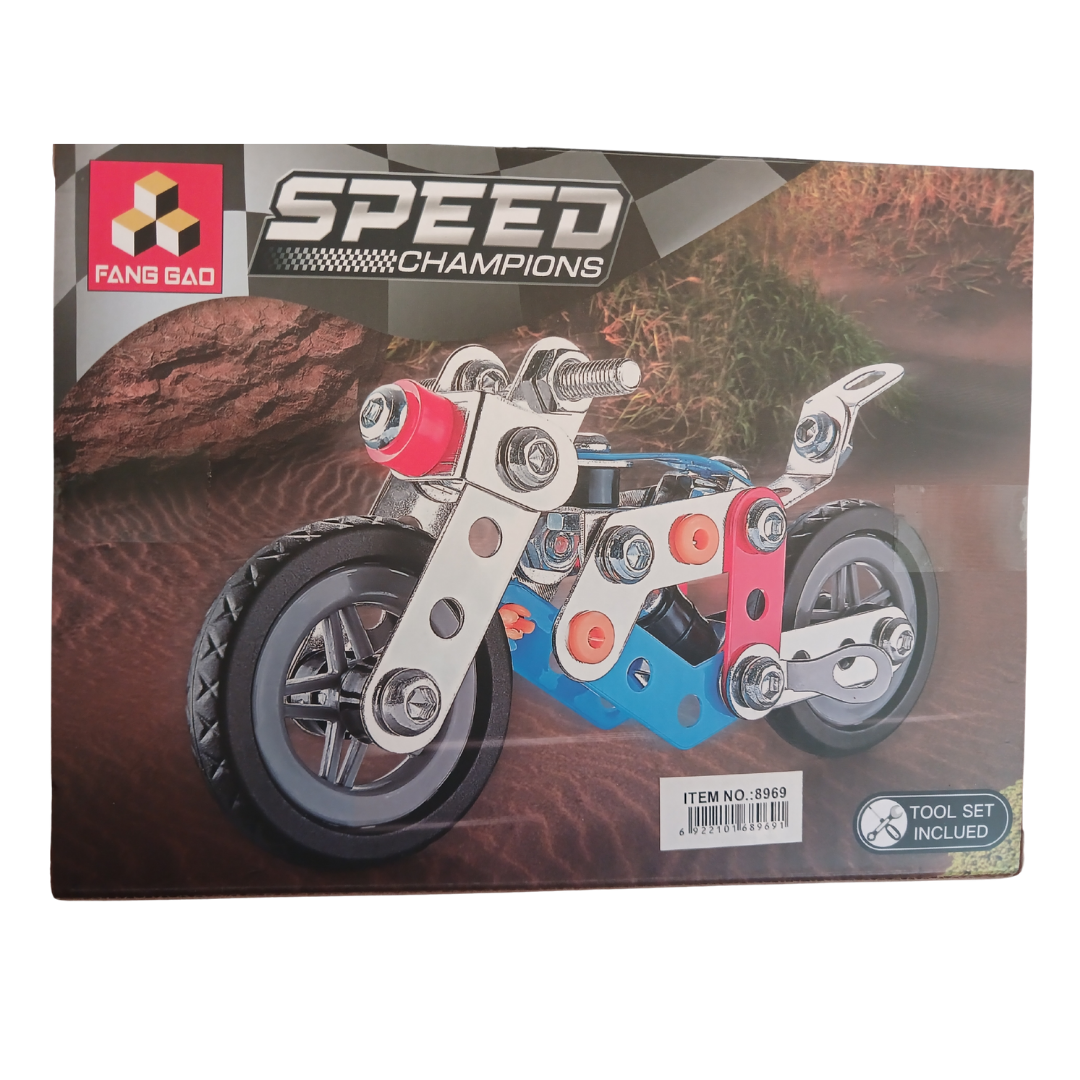 Speed Champions metal construction DIY building kits featuring a motorcycle and a red racing car with included tool sets