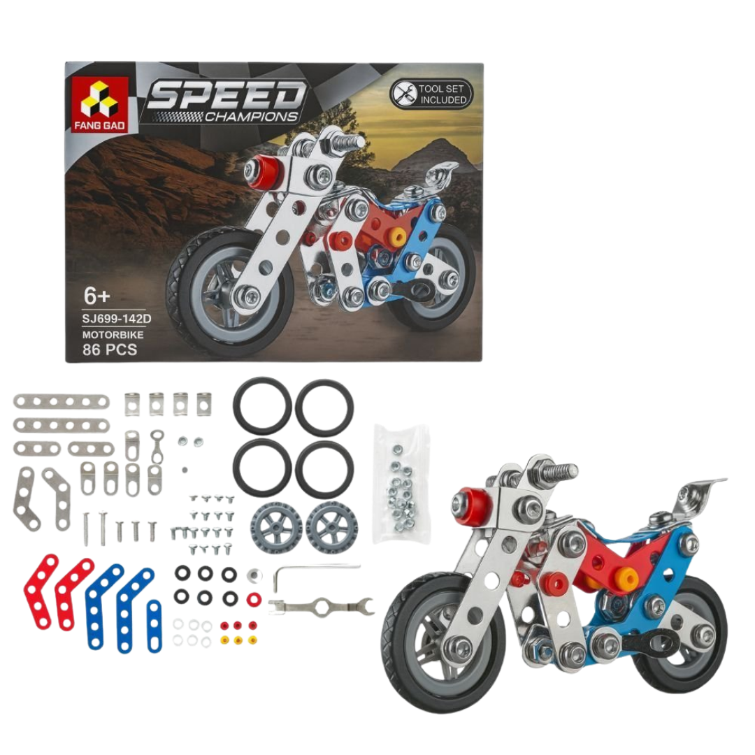 Speed Champions metal construction DIY building kits featuring a motorcycle and a red racing car with included tool sets