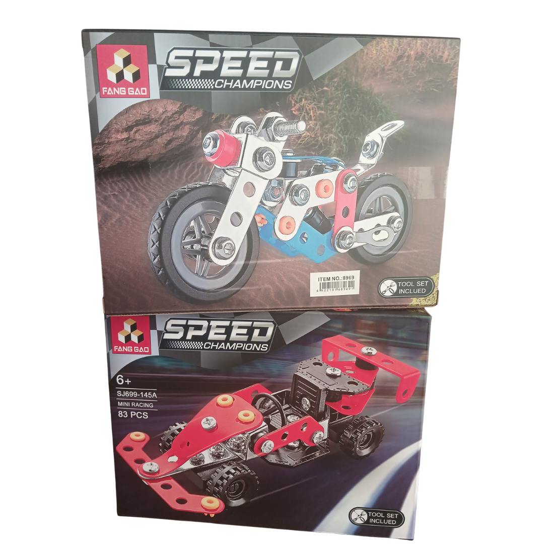 Speed Champions metal construction DIY building kits featuring a motorcycle and a red racing car with included tool sets