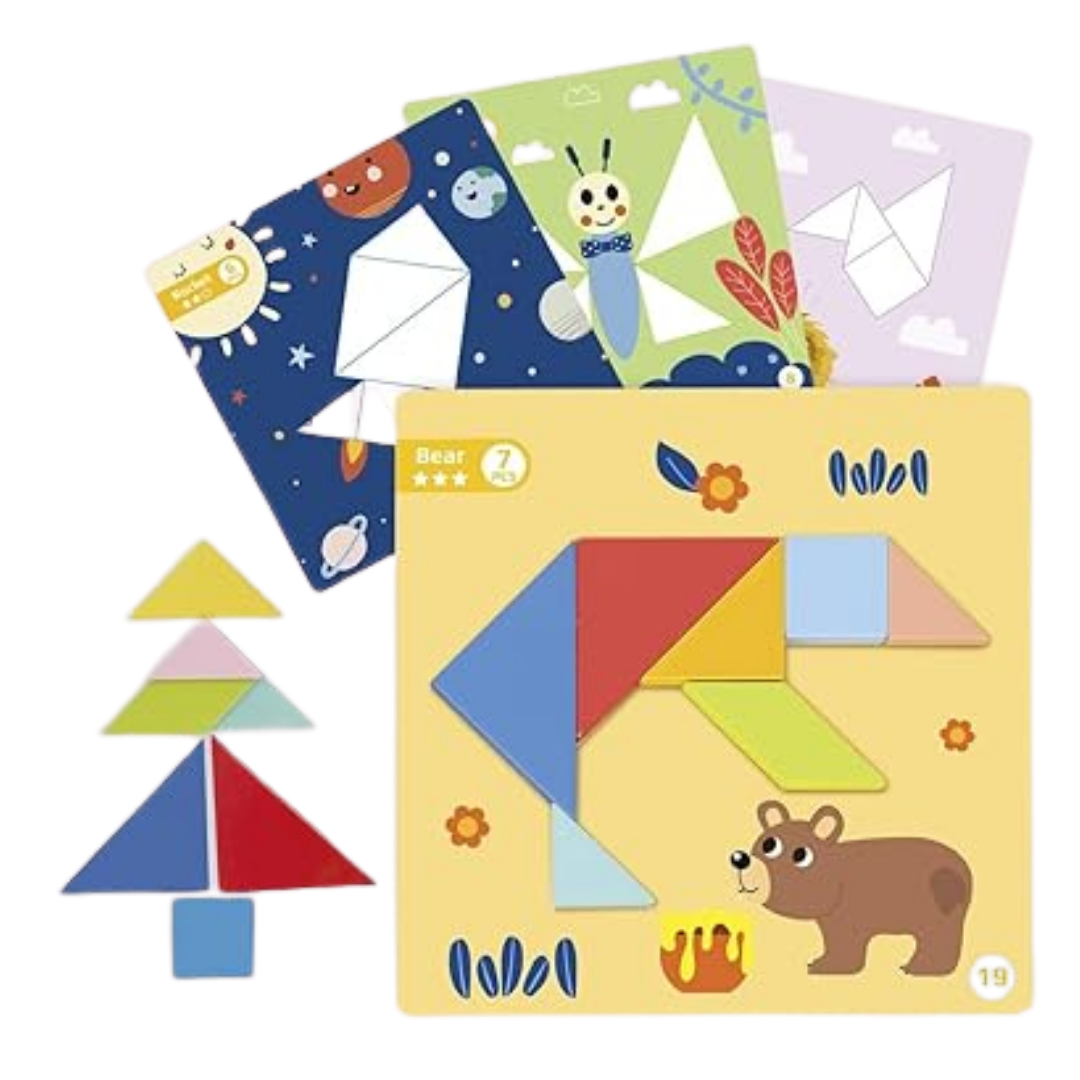 Set of colorful Tangram geometric shape puzzles with animal illustrations on a white background