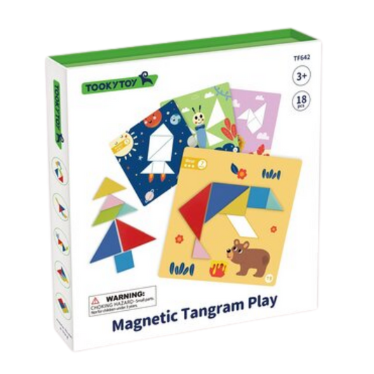 Tooky Toy Magnetic Tangram set with 7 coloured pieces on a yellow board showing a bear and several pattern cards with shapes.