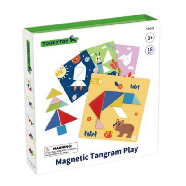 Tooky Toy Magnetic Tangram set with 7 coloured pieces on a yellow board showing a bear and several pattern cards with shapes.