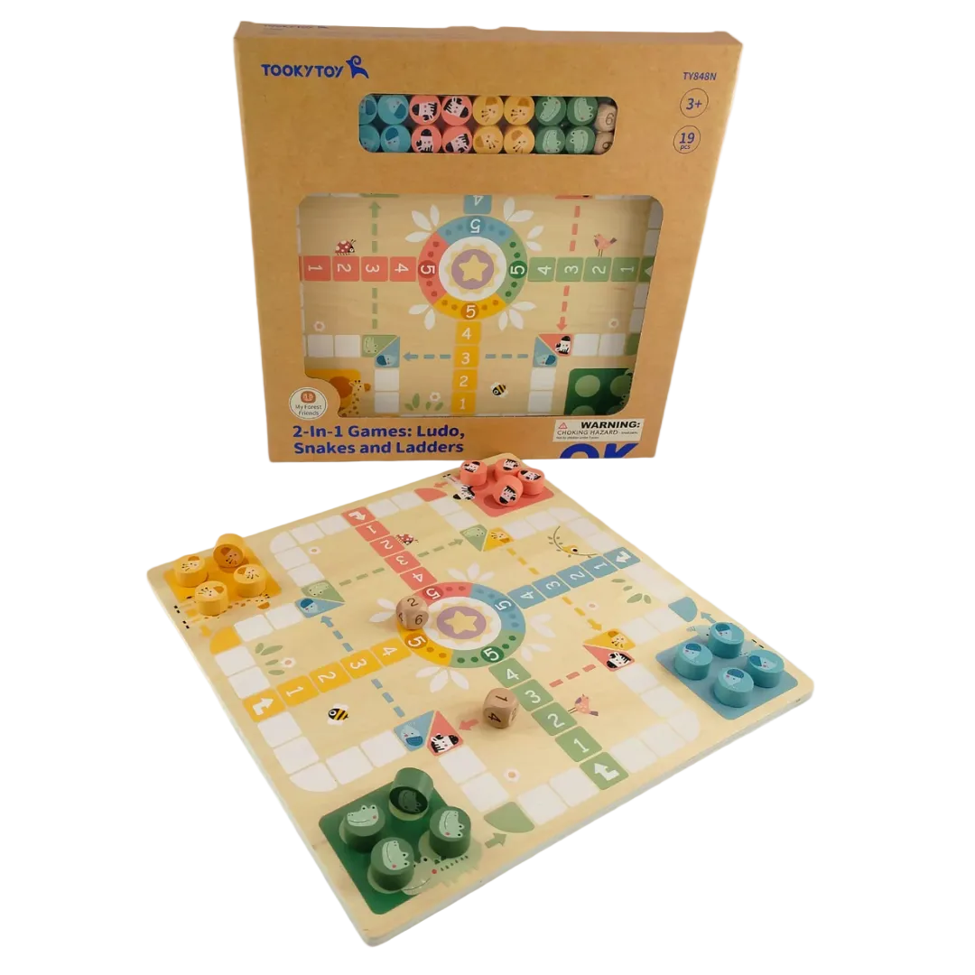Tooky Toy 2-in-1 wooden board game box showing Ludo side and animal playing