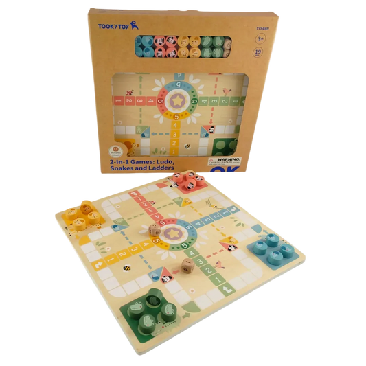 Tooky Toy 2-in-1 wooden board game box showing Ludo side and animal playing