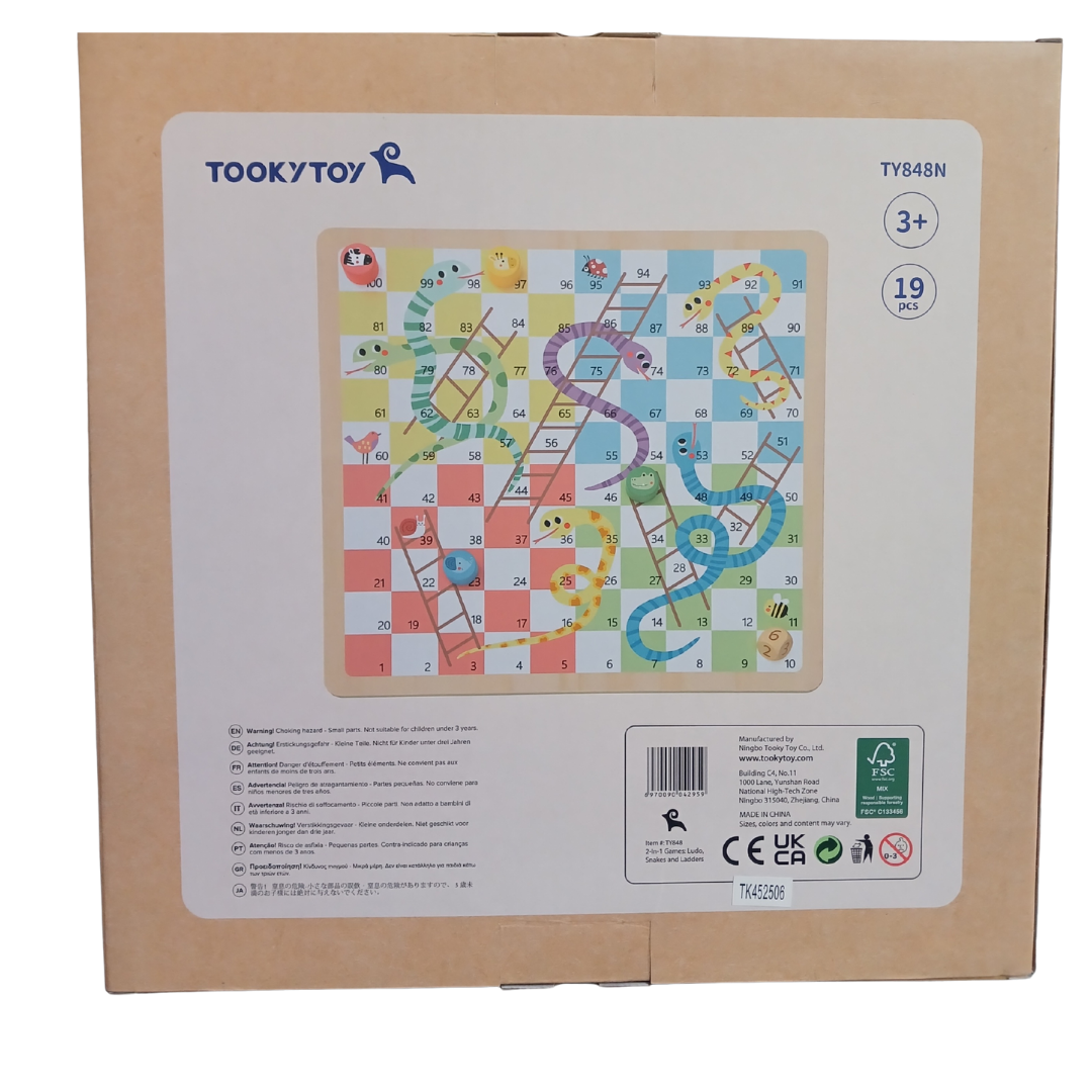Tooky Toy 2-in-1 wooden board game box showing Ludo side and animal playing
