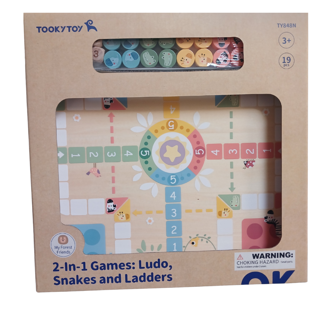 Tooky Toy 2-in-1 wooden board game box showing Ludo side and animal playing