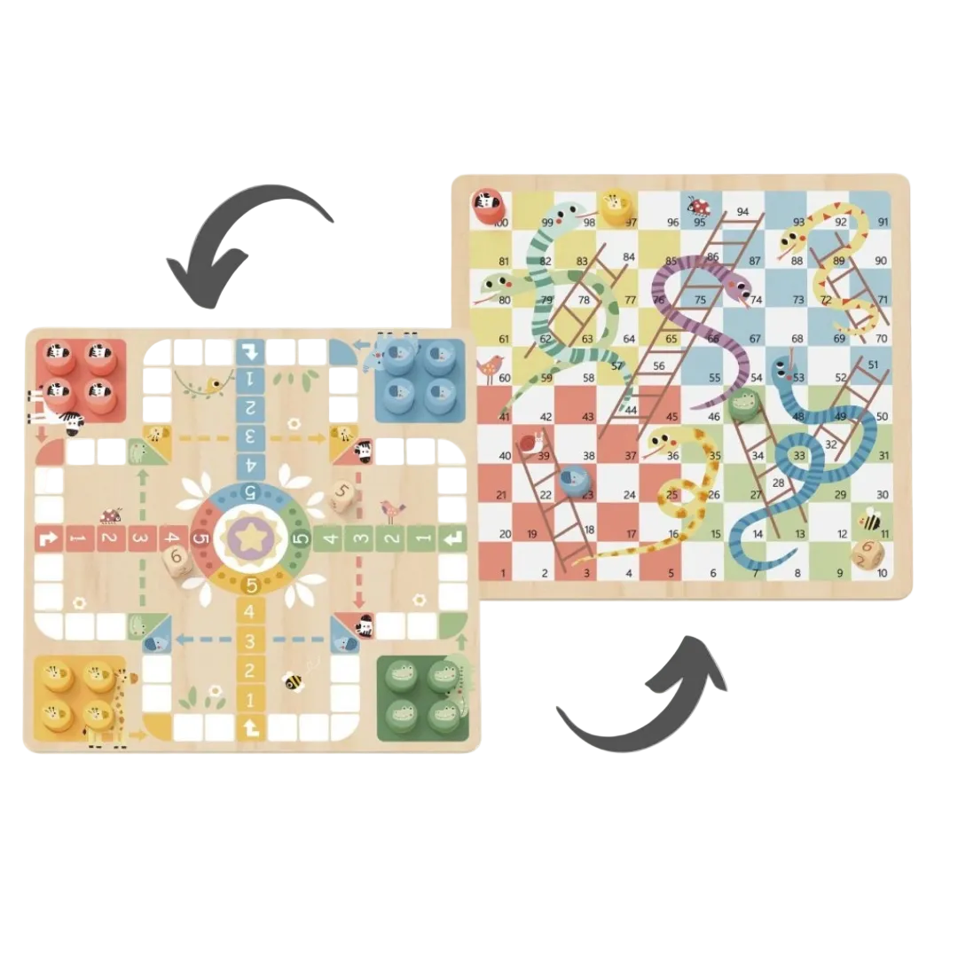 Tooky Toy 2-in-1 wooden board game box showing Ludo side and animal playing