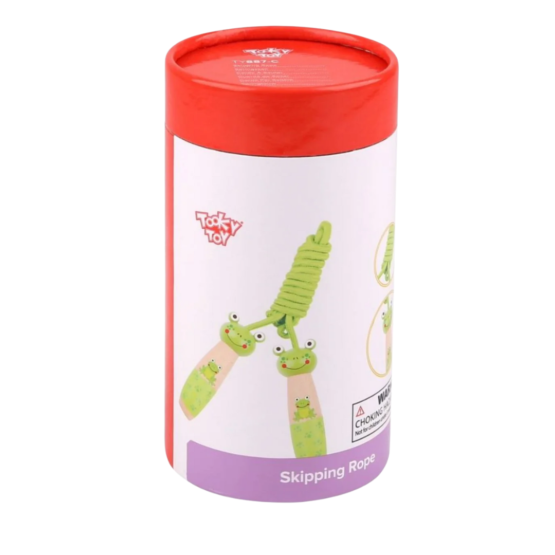 Tooky toy skipping rope packaging with red lid and white body featuring cartoon frogs. - Little Explorers Toy Shop