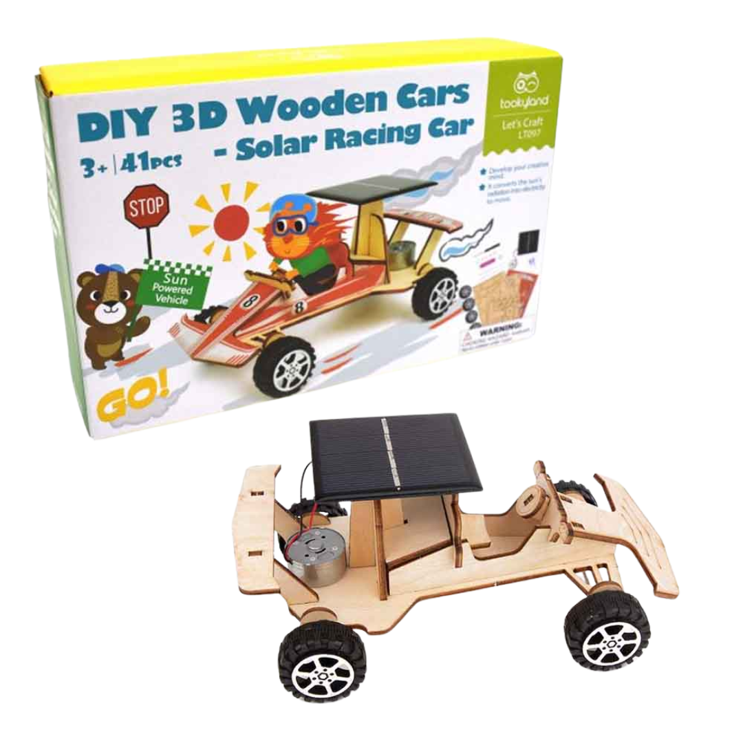 The Tookyland DIY 3D Wooden Solar Racing Car kit box and the assembled wooden car with a solar panel on top, showing the internal motor and wheels.