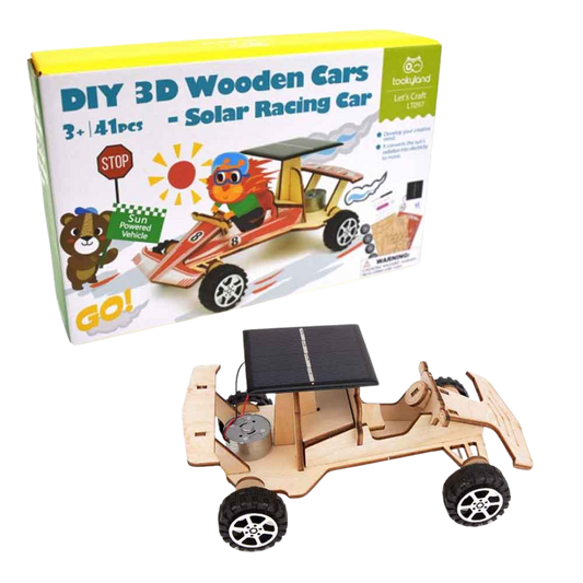 The Tookyland DIY 3D Wooden Solar Racing Car kit box and the assembled wooden car with a solar panel on top, showing the internal motor and wheels.