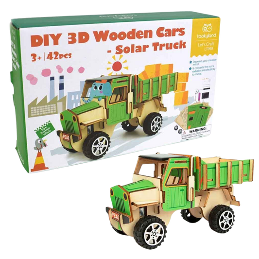 The Tookyland DIY 3D Wooden Solar Truck kit box and the assembled green and white wooden dump truck model with a solar panel on the roof.