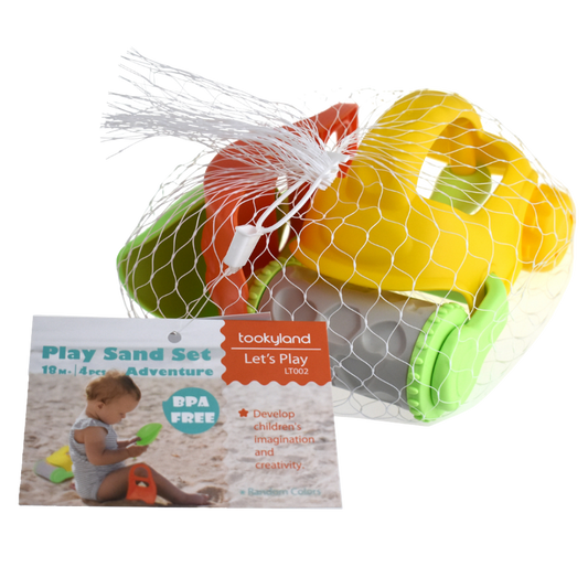 Tookyland Play Sand Set in white mesh net packaging with an 18M+ BPA FREE label.