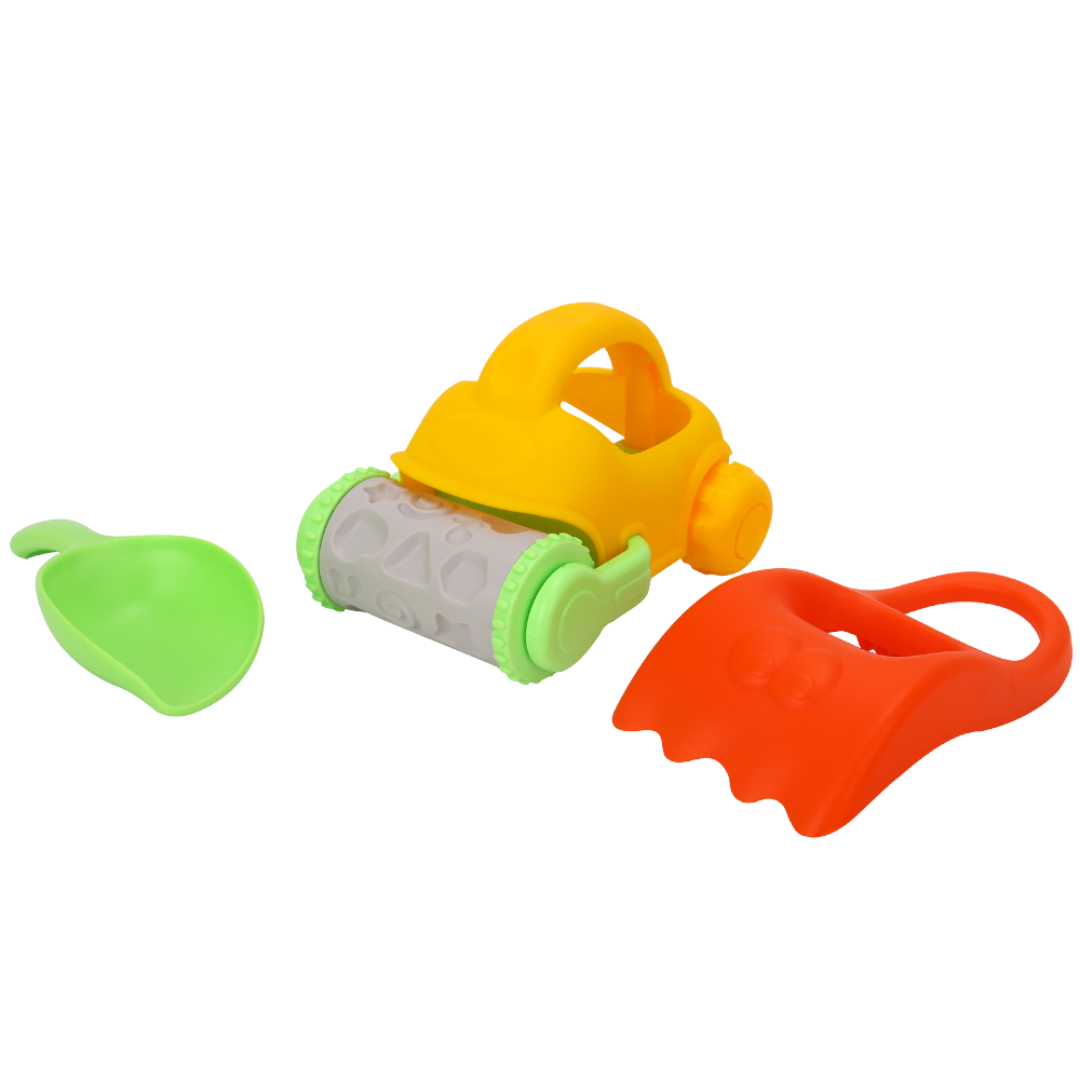 Tookyland 4-piece play sand set featuring a yellow roller truck, green scoop, and orange rake.