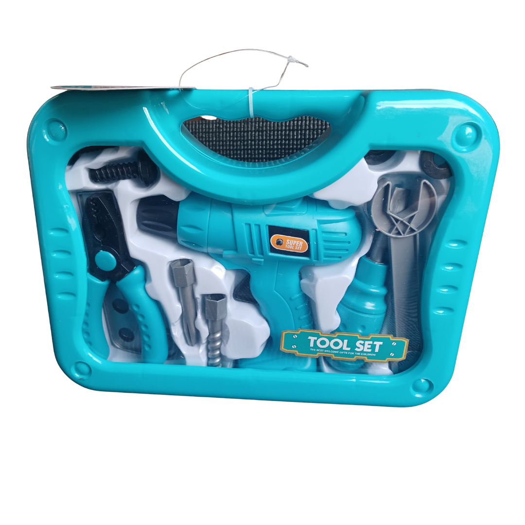 lose-up of a blue and white plastic toy tool set packaged in a clear-fronted carry case, showing a toy drill, pliers, and various bits.