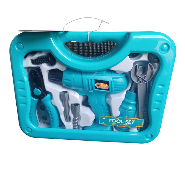 lose-up of a blue and white plastic toy tool set packaged in a clear-fronted carry case, showing a toy drill, pliers, and various bits.