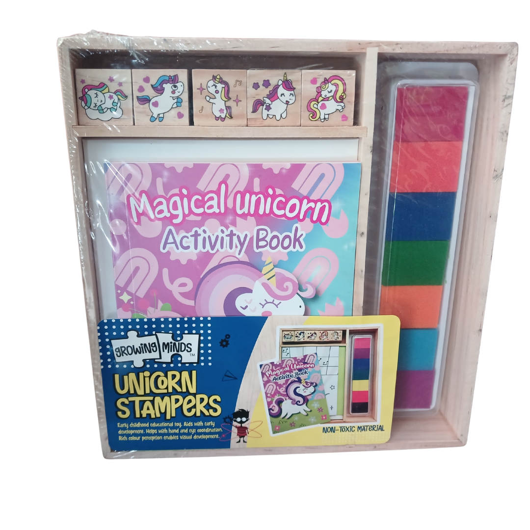 Magical Unicorn stamper set with wooden stamps, colorful ink pad, and activity book in a wooden tray