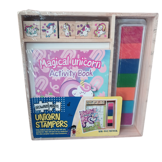 Magical Unicorn stamper set with wooden stamps, colorful ink pad, and activity book in a wooden tray